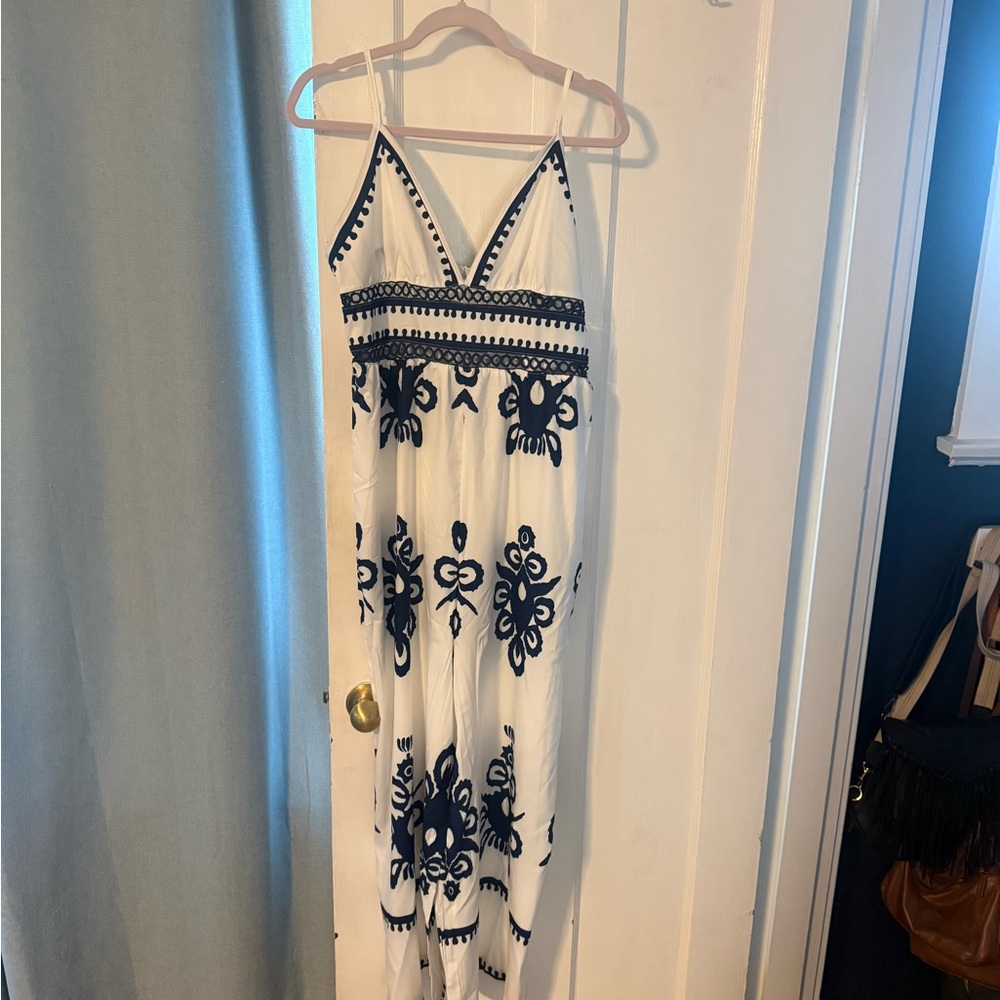 White & Black Embroidered Spaghetti-Strap Maxi Dress